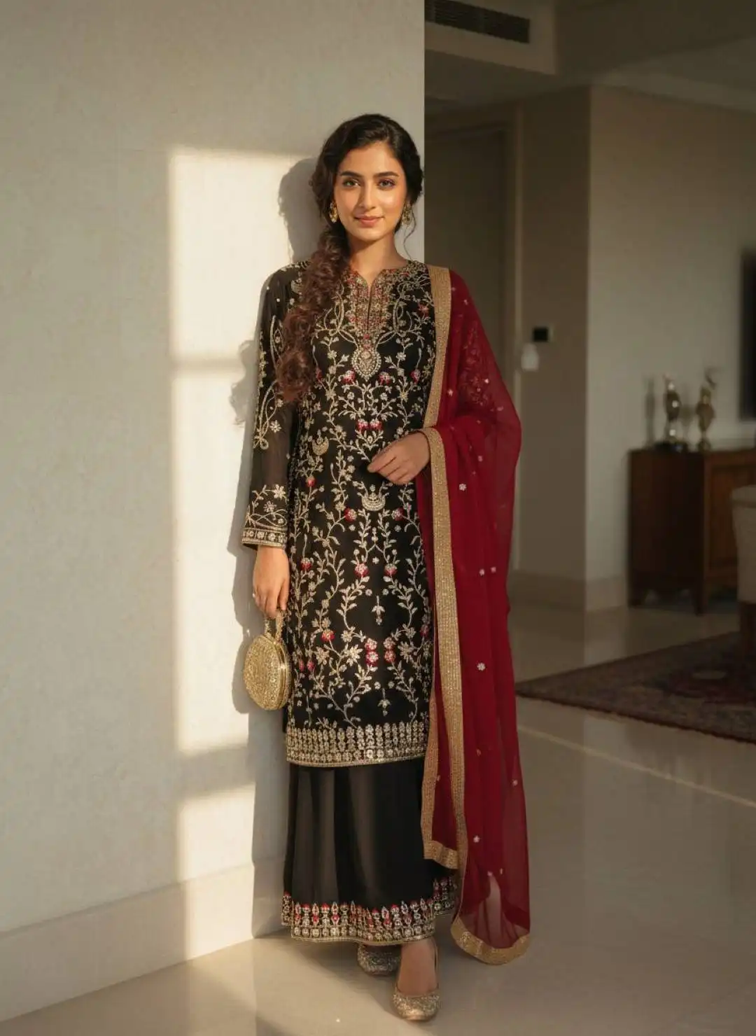 C585 LC 1449 Georgette Readymade Kurti Plazzo Set with Pearl, Sequin And Zari Work (3-Piece Set)