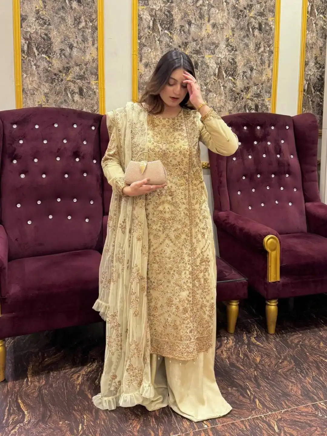 C585 1450 Georgette Readymade Kurti Plazzo Set with Sequin, Zari And Handmade Moti Work (3-Piece Set)