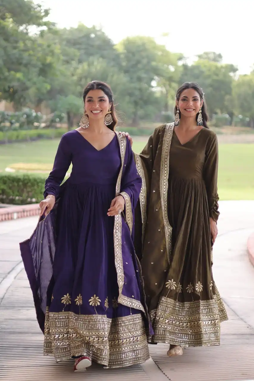 Moni 1218 Vichitra Silk Festive Gown with Sequins Work And Dupatta