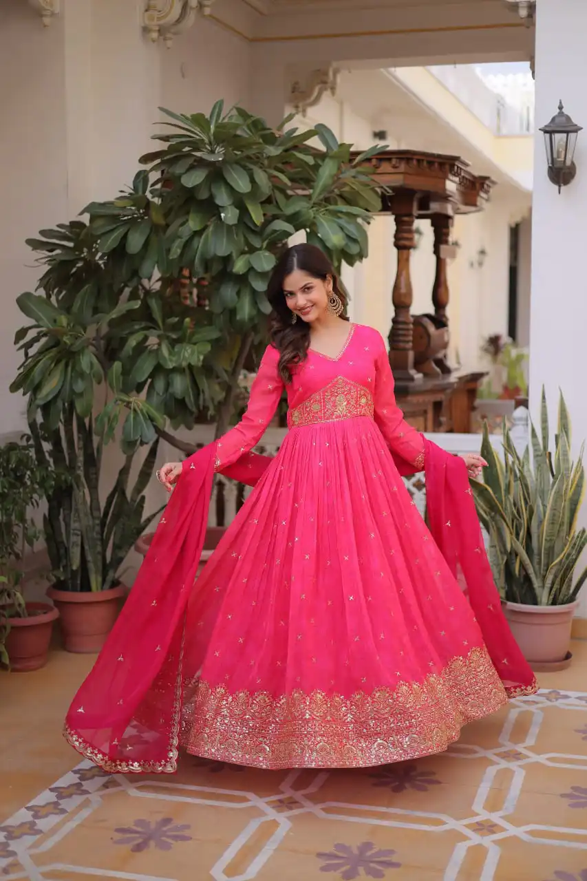 Moni 1235 Pink Embroidery Printed Gown With Dupatta Collection