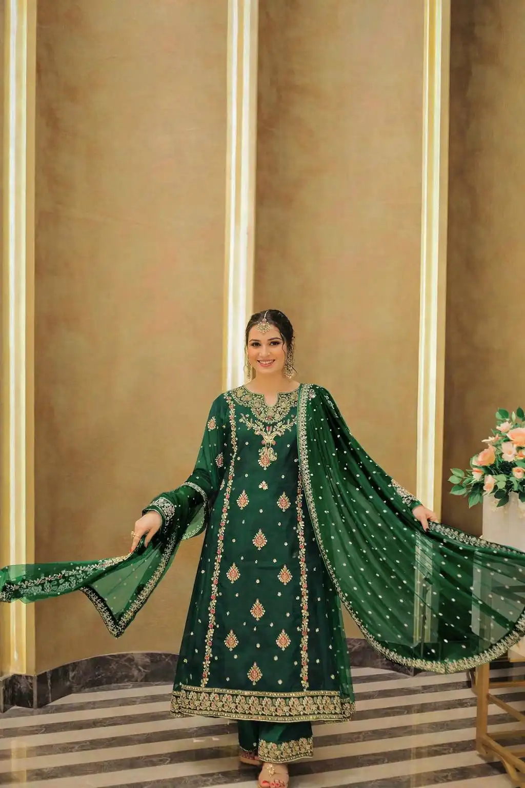 C585 1443A Wedding Kurti Palazzo With Dupatta For Women