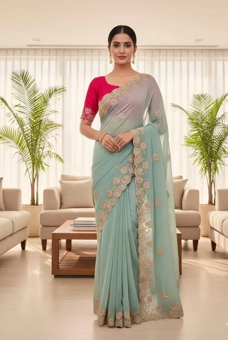 Vt 829 T Moss Chiffon Multi Thread Worked Fancy Saree Collection Sarees