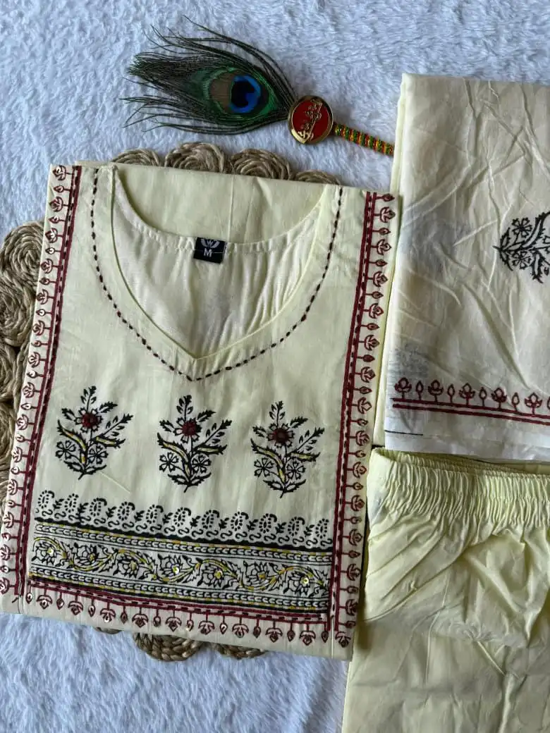 KR 406 Hand Block Printed A-Line Kurti Pant With Dupatta