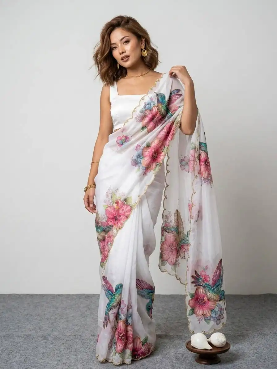 WMS 162 Floral Sparrow With Khatali Handwork Saree