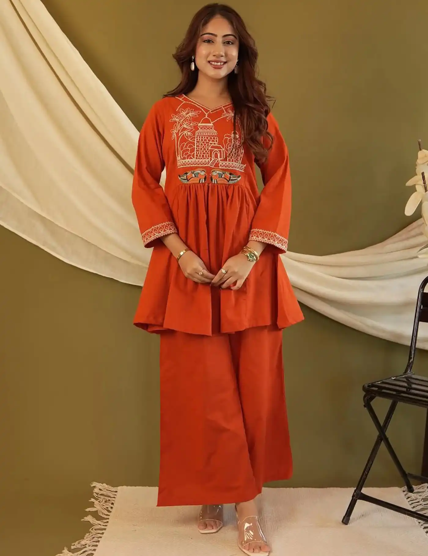 FFD Vol 118 Orange Crepe Embroidery Co Ord Set Collection