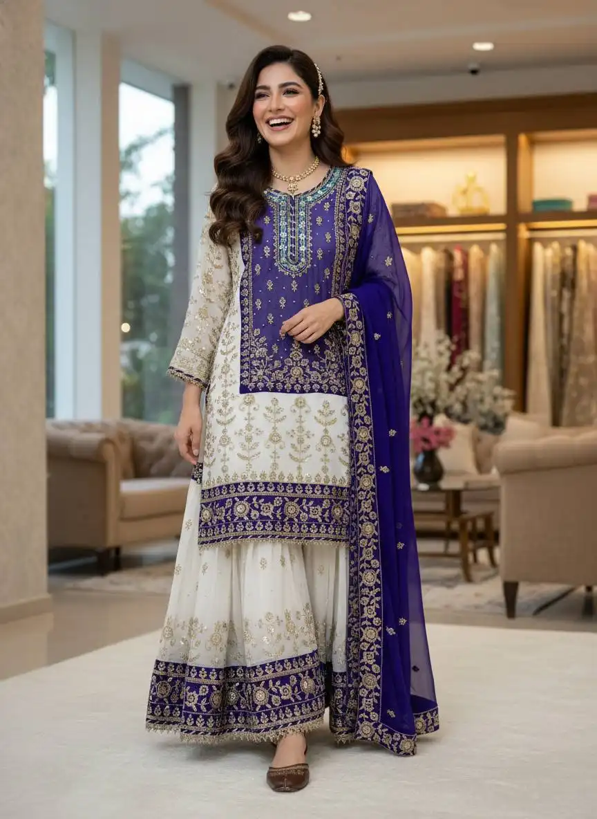 C585 1460 Pearl Moti And Heavy Work Wedding Sharara Suit